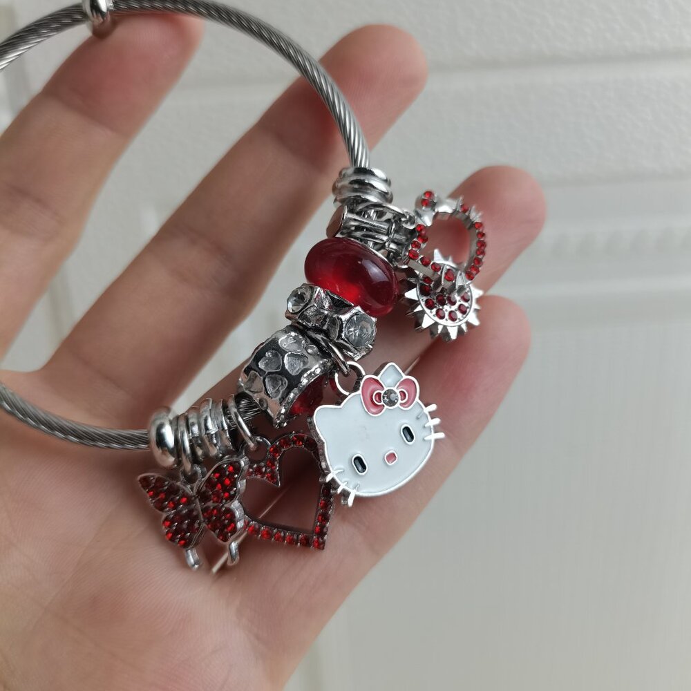 Silver & Red Hello Kitty Charm Pendant Tone Bangle Bracelet - Picture 3 of 5